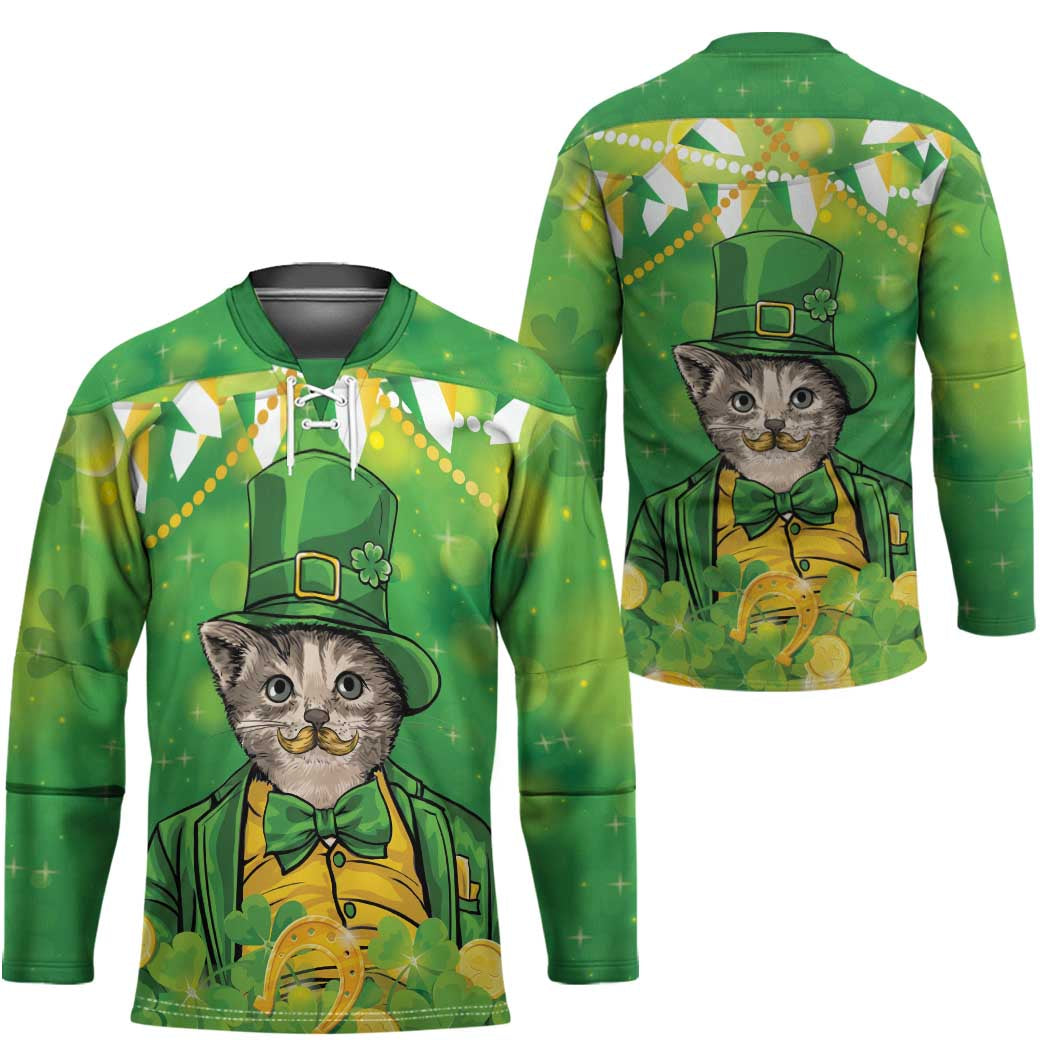 Funny Cat St Patrick's Day Hockey Jersey Irish Leprechaun Lucky Cat