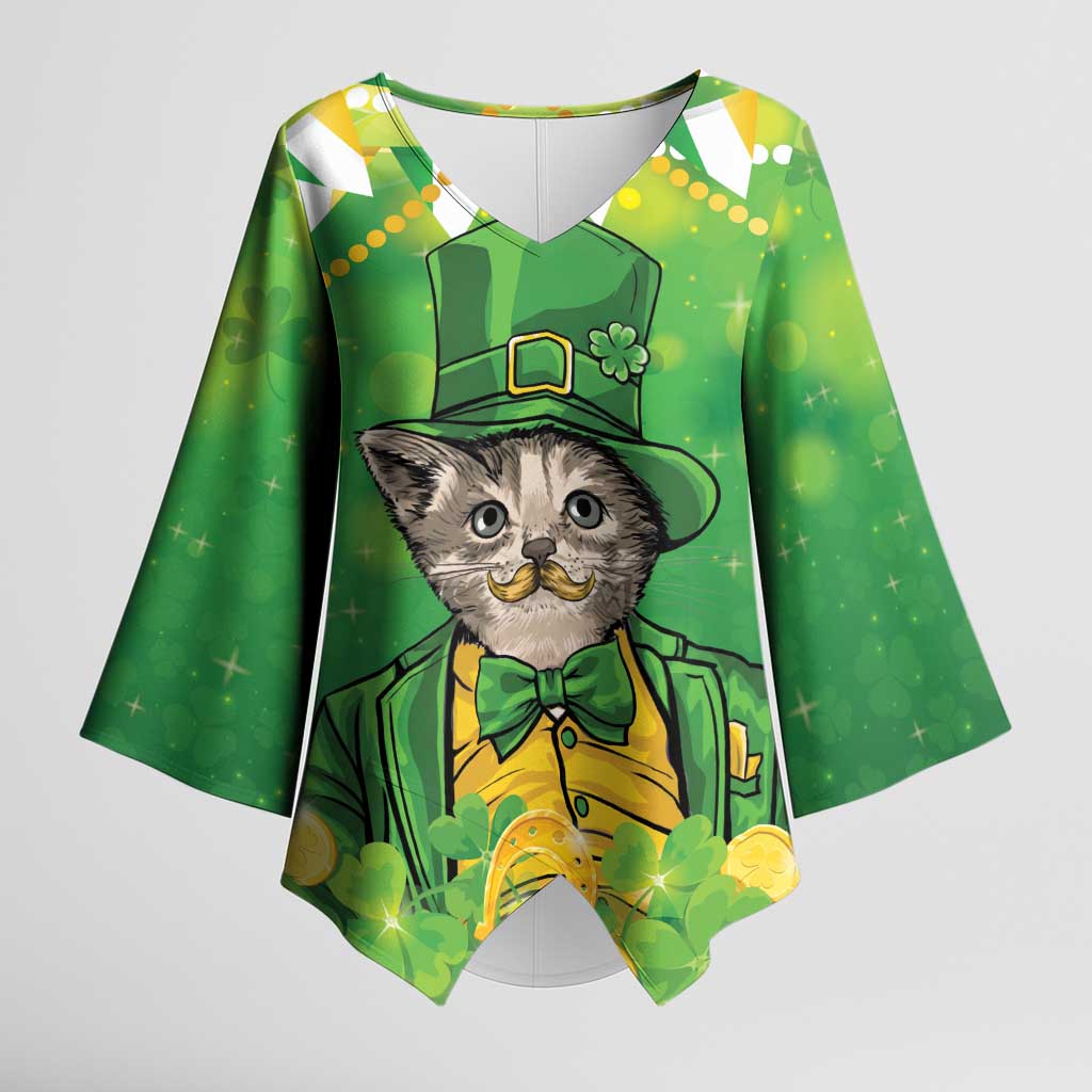 Funny Cat St Patrick's Day Kimono Sleeve Blouse Irish Leprechaun Lucky Cat