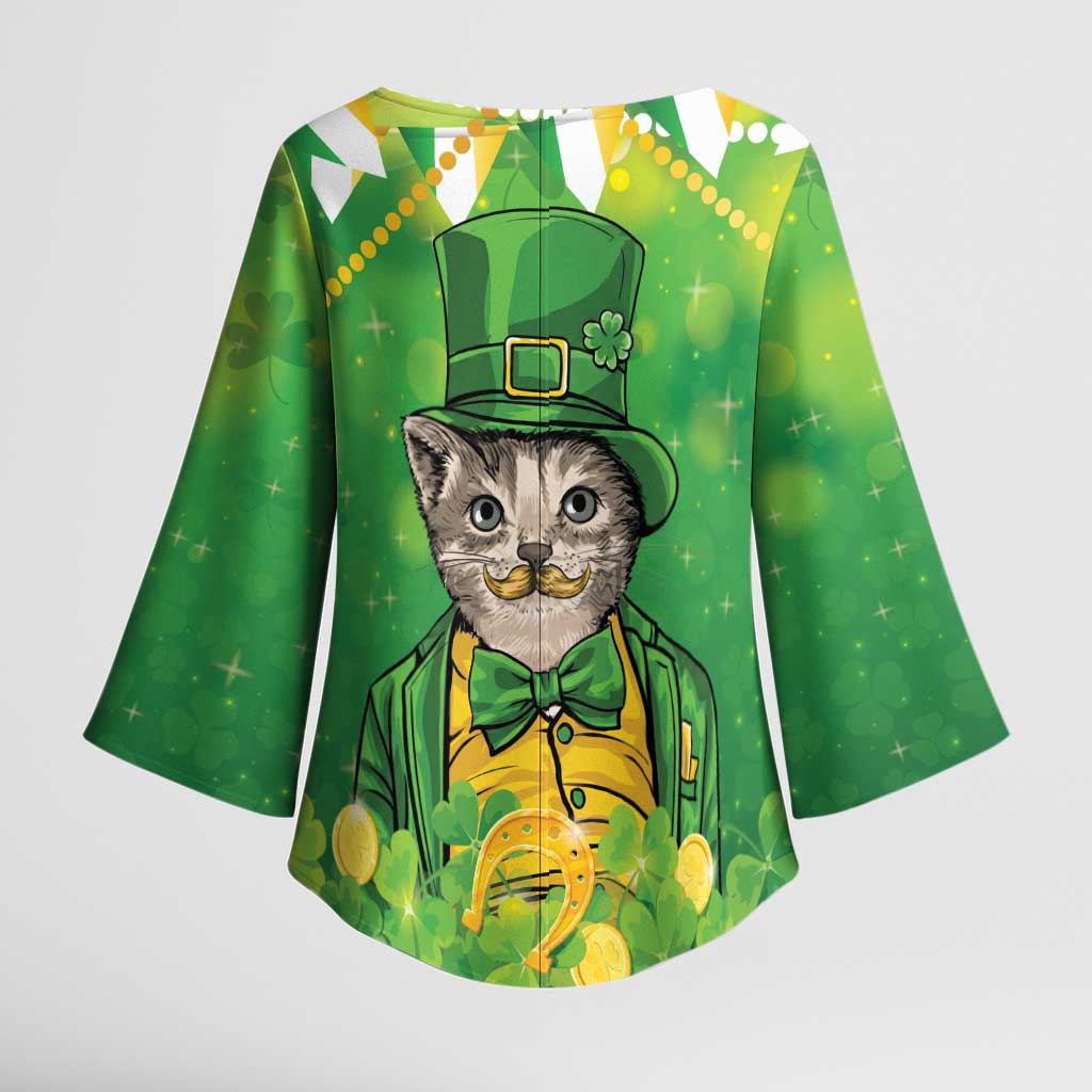 Funny Cat St Patrick's Day Kimono Sleeve Blouse Irish Leprechaun Lucky Cat