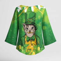 Funny Cat St Patrick's Day Kimono Sleeve Blouse Irish Leprechaun Lucky Cat