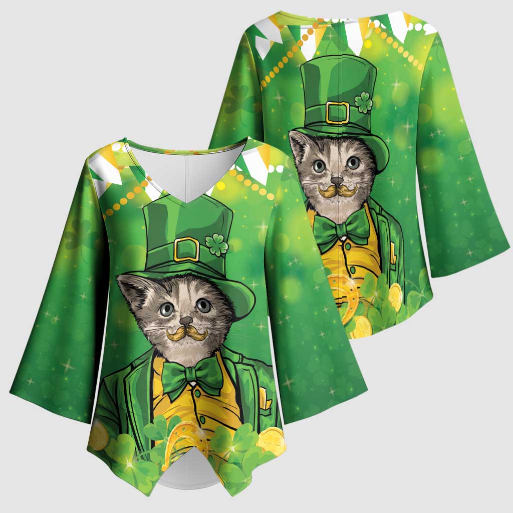 Funny Cat St Patrick's Day Kimono Sleeve Blouse Irish Leprechaun Lucky Cat