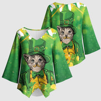 Funny Cat St Patrick's Day Kimono Sleeve Blouse Irish Leprechaun Lucky Cat