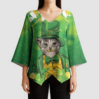 Funny Cat St Patrick's Day Kimono Sleeve Blouse Irish Leprechaun Lucky Cat