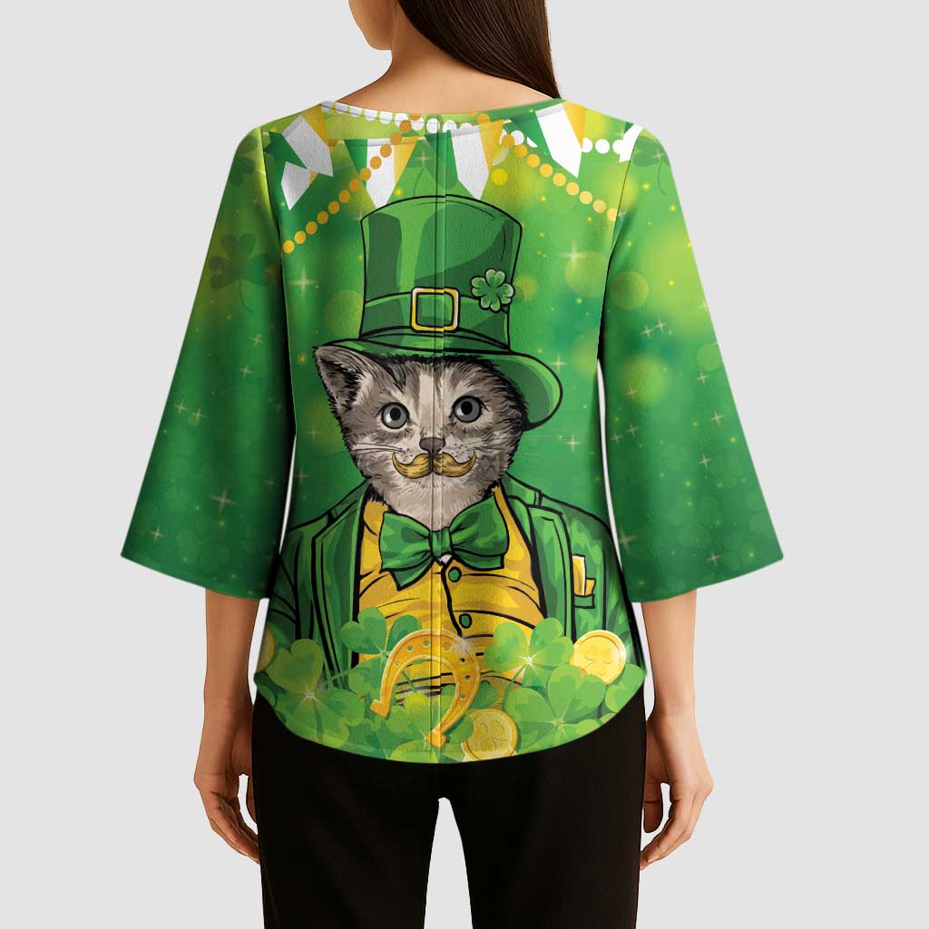 Funny Cat St Patrick's Day Kimono Sleeve Blouse Irish Leprechaun Lucky Cat
