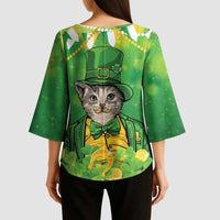 Funny Cat St Patrick's Day Kimono Sleeve Blouse Irish Leprechaun Lucky Cat