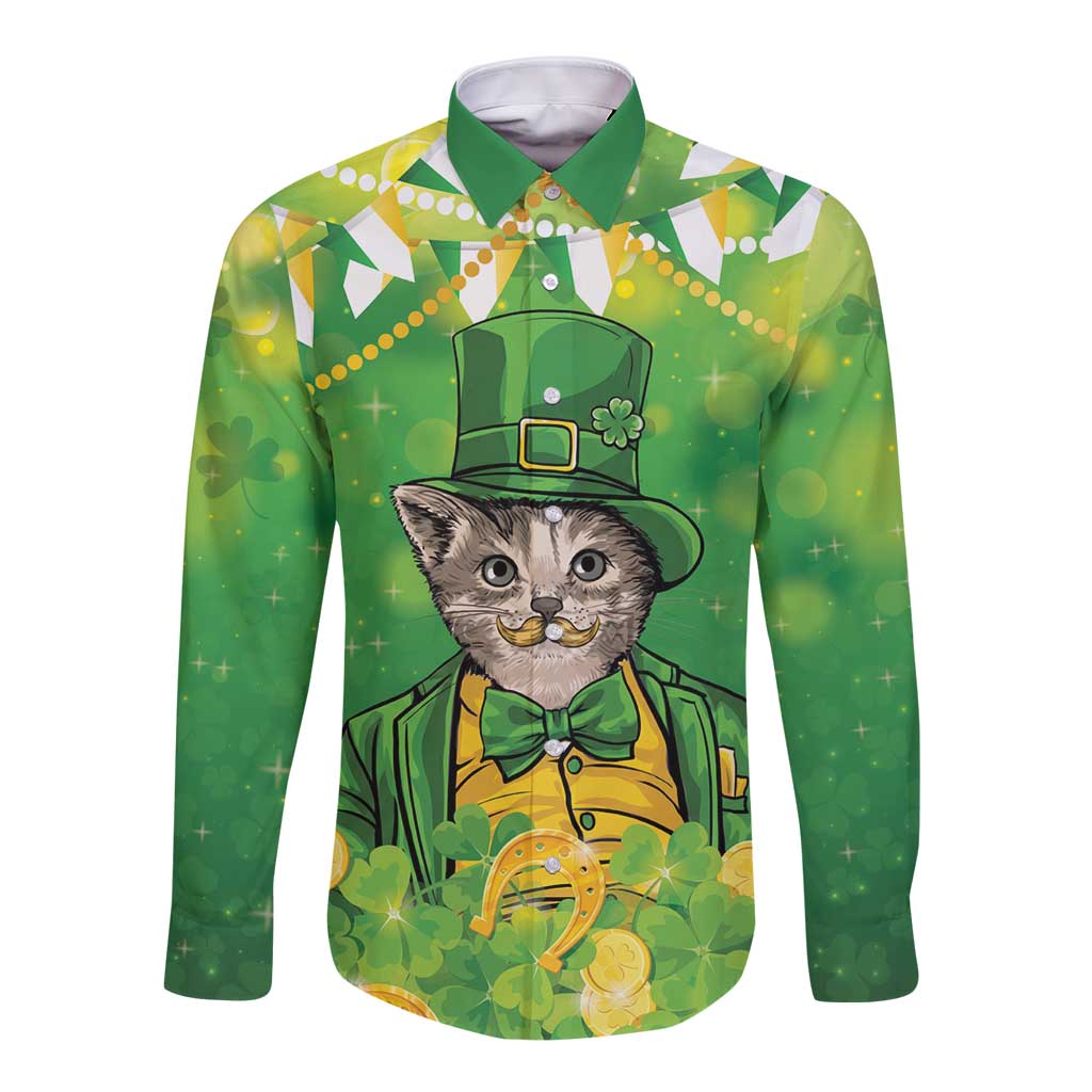Funny Cat St Patrick's Day Long Sleeve Button Shirt Irish Leprechaun Lucky Cat