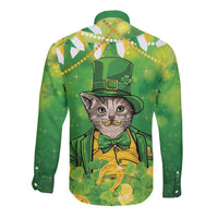Funny Cat St Patrick's Day Long Sleeve Button Shirt Irish Leprechaun Lucky Cat