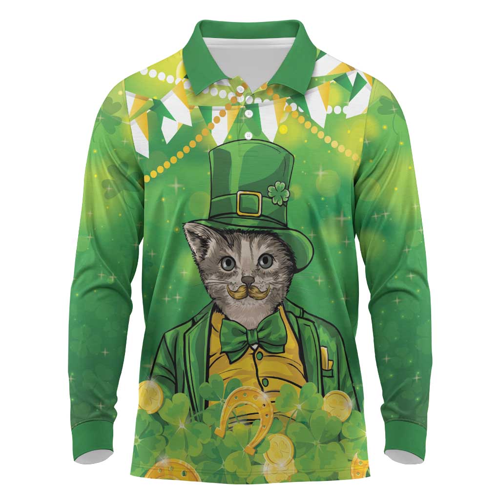 Funny Cat St Patrick's Day Long Sleeve Polo Shirt Irish Leprechaun Lucky Cat