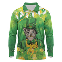 Funny Cat St Patrick's Day Long Sleeve Polo Shirt Irish Leprechaun Lucky Cat