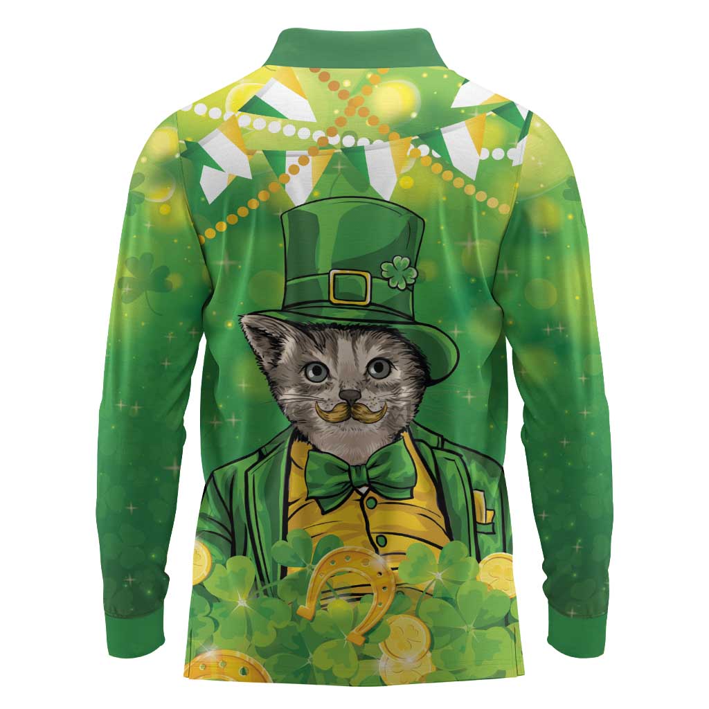 Funny Cat St Patrick's Day Long Sleeve Polo Shirt Irish Leprechaun Lucky Cat