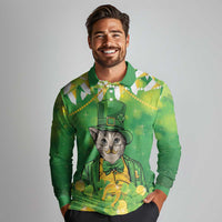 Funny Cat St Patrick's Day Long Sleeve Polo Shirt Irish Leprechaun Lucky Cat
