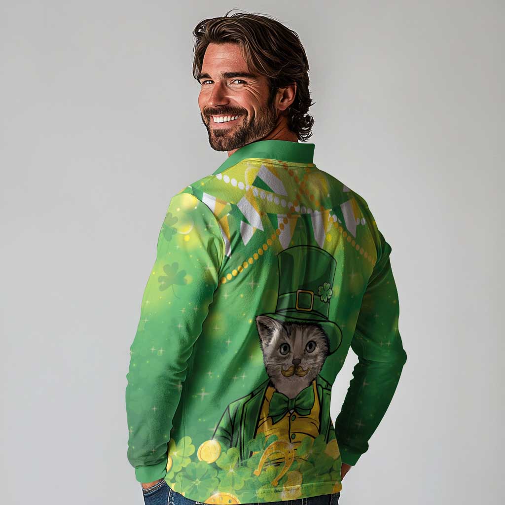 Funny Cat St Patrick's Day Long Sleeve Polo Shirt Irish Leprechaun Lucky Cat