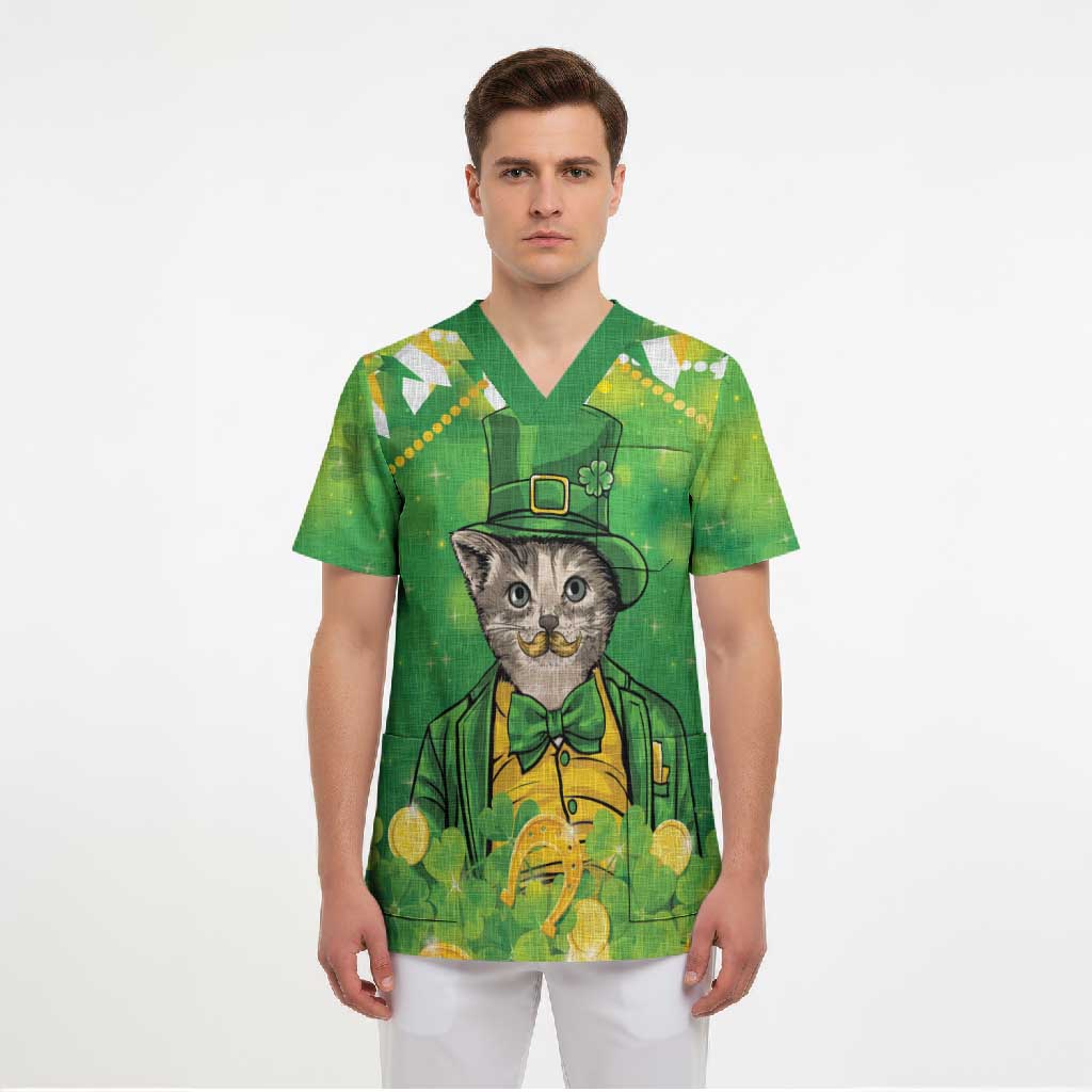 Funny Cat St Patrick's Day Scrub Top Irish Leprechaun Lucky Cat