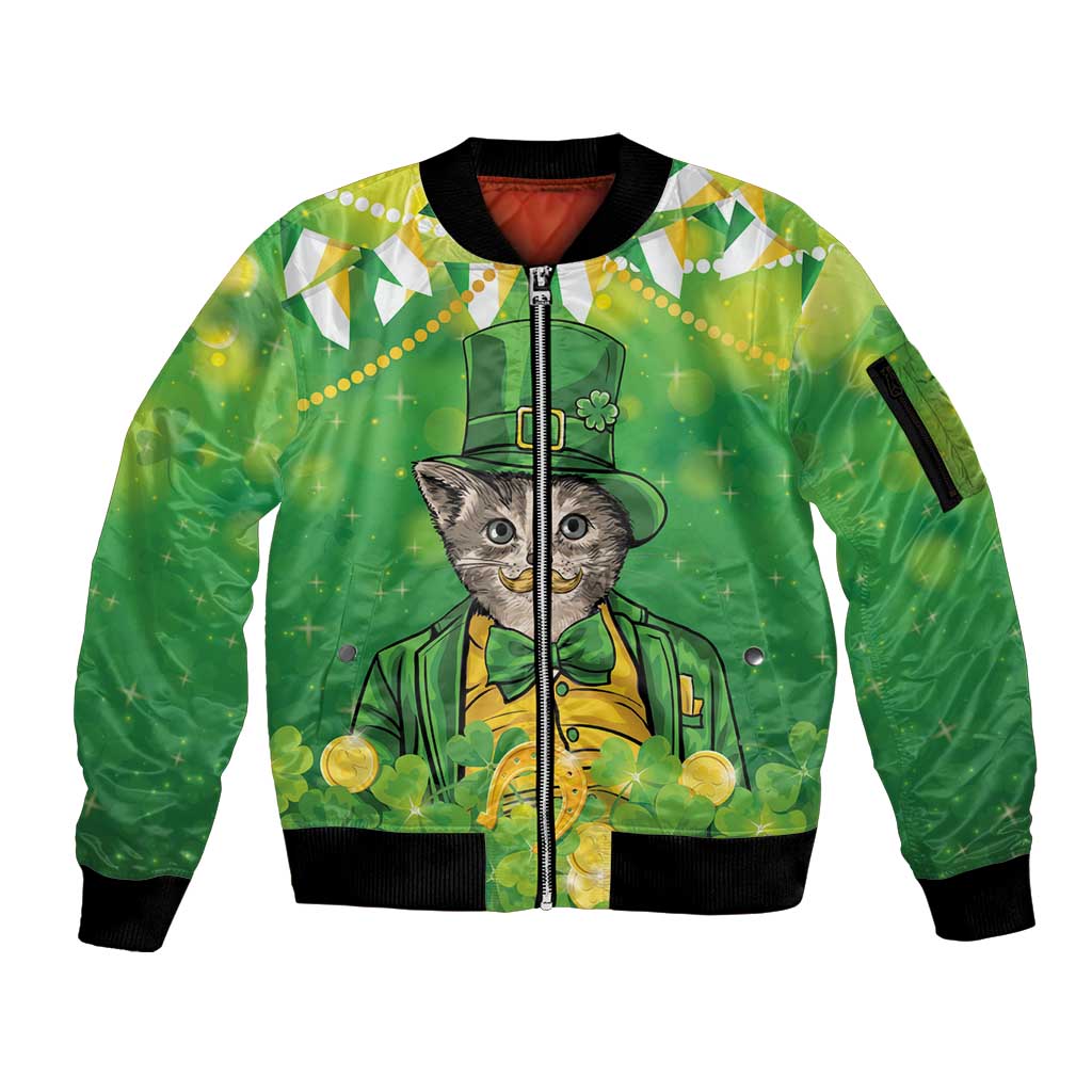 Funny Cat St Patrick's Day Sleeve Zip Bomber Jacket Irish Leprechaun Lucky Cat