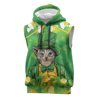 Funny Cat St Patrick's Day Sleeveless Hoodie Irish Leprechaun Lucky Cat