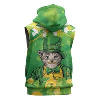 Funny Cat St Patrick's Day Sleeveless Hoodie Irish Leprechaun Lucky Cat