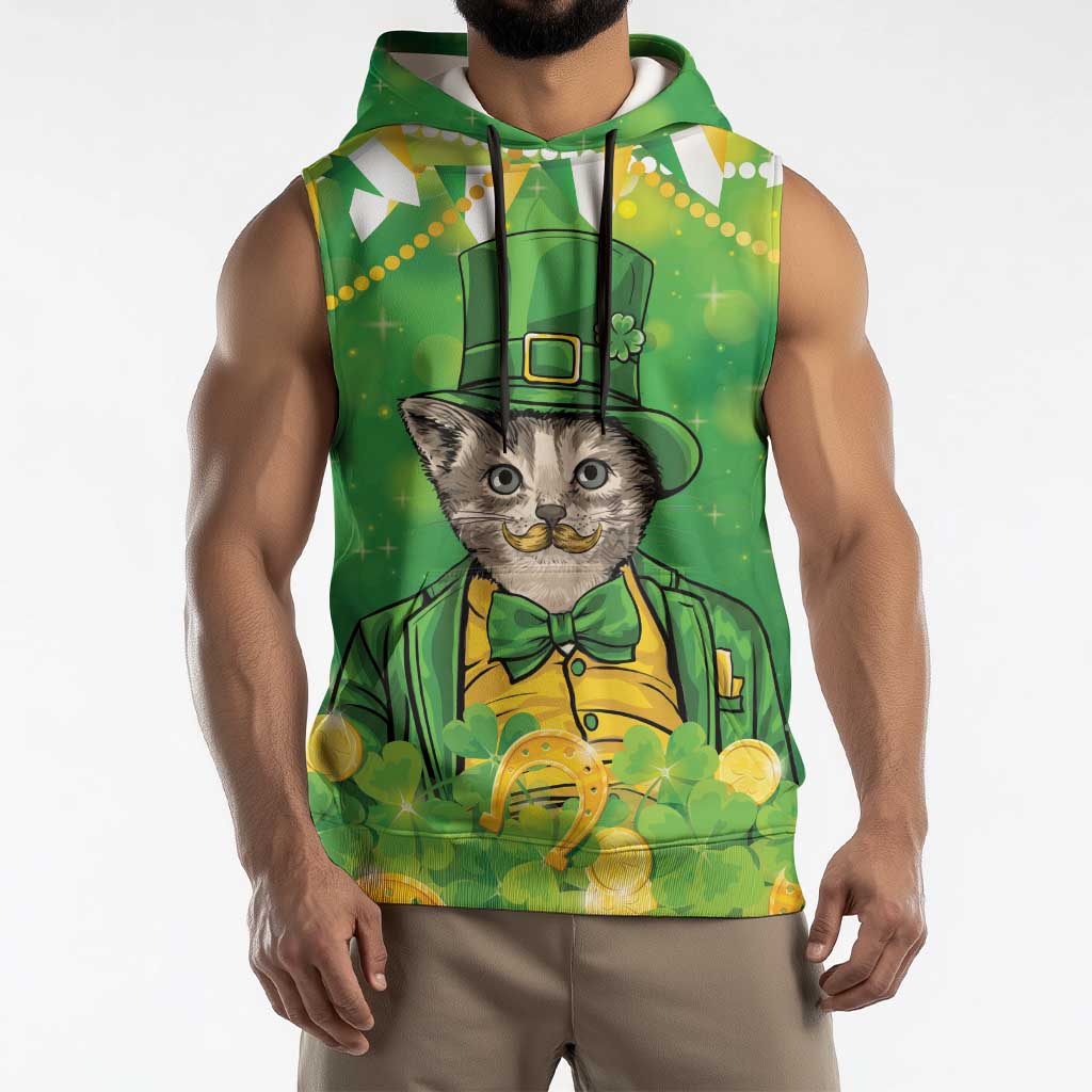 Funny Cat St Patrick's Day Sleeveless Hoodie Irish Leprechaun Lucky Cat