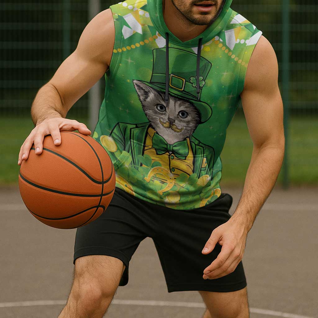 Funny Cat St Patrick's Day Sleeveless Hoodie Irish Leprechaun Lucky Cat