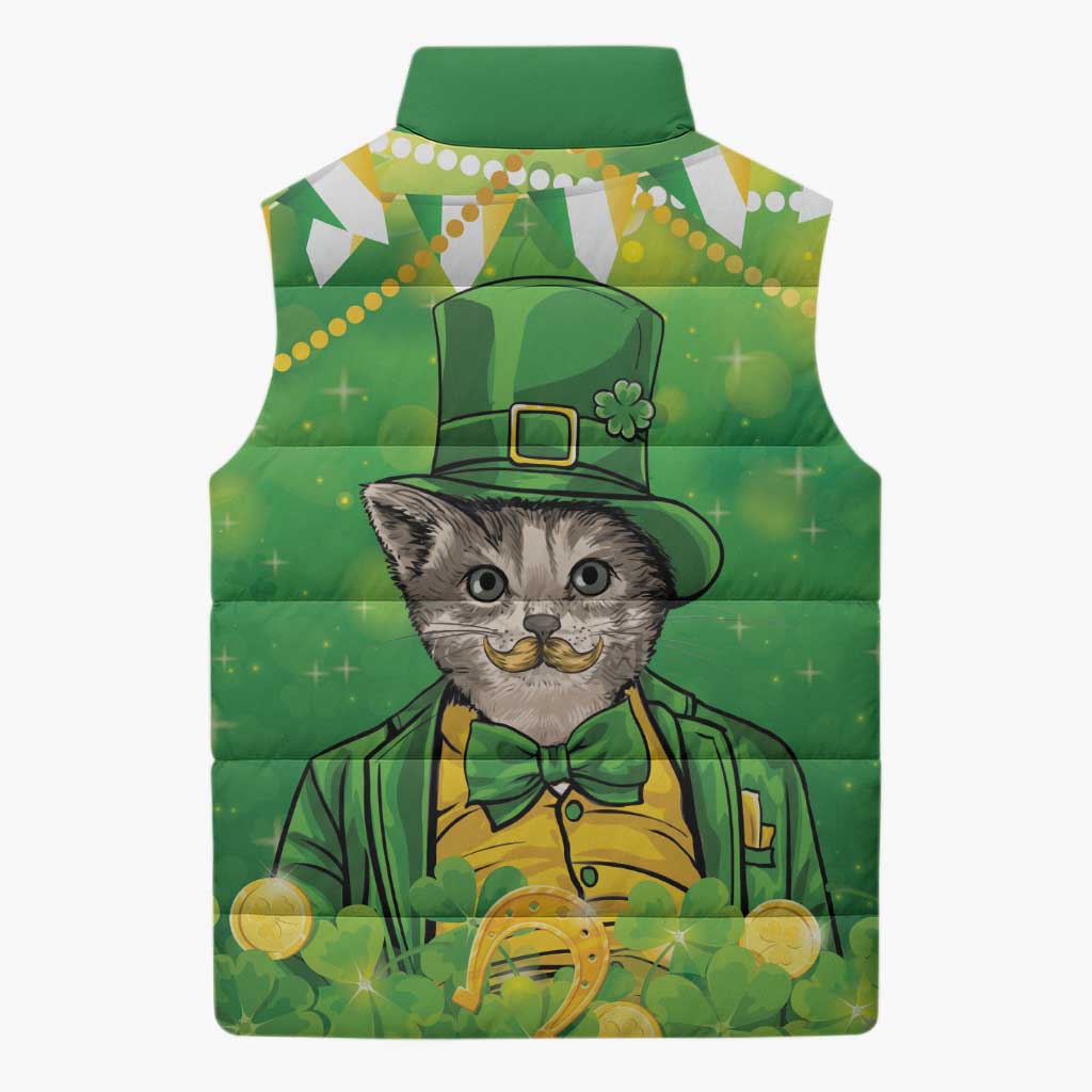 Funny Cat St Patrick's Day Sleeveless Puffer Jacket Irish Leprechaun Lucky Cat