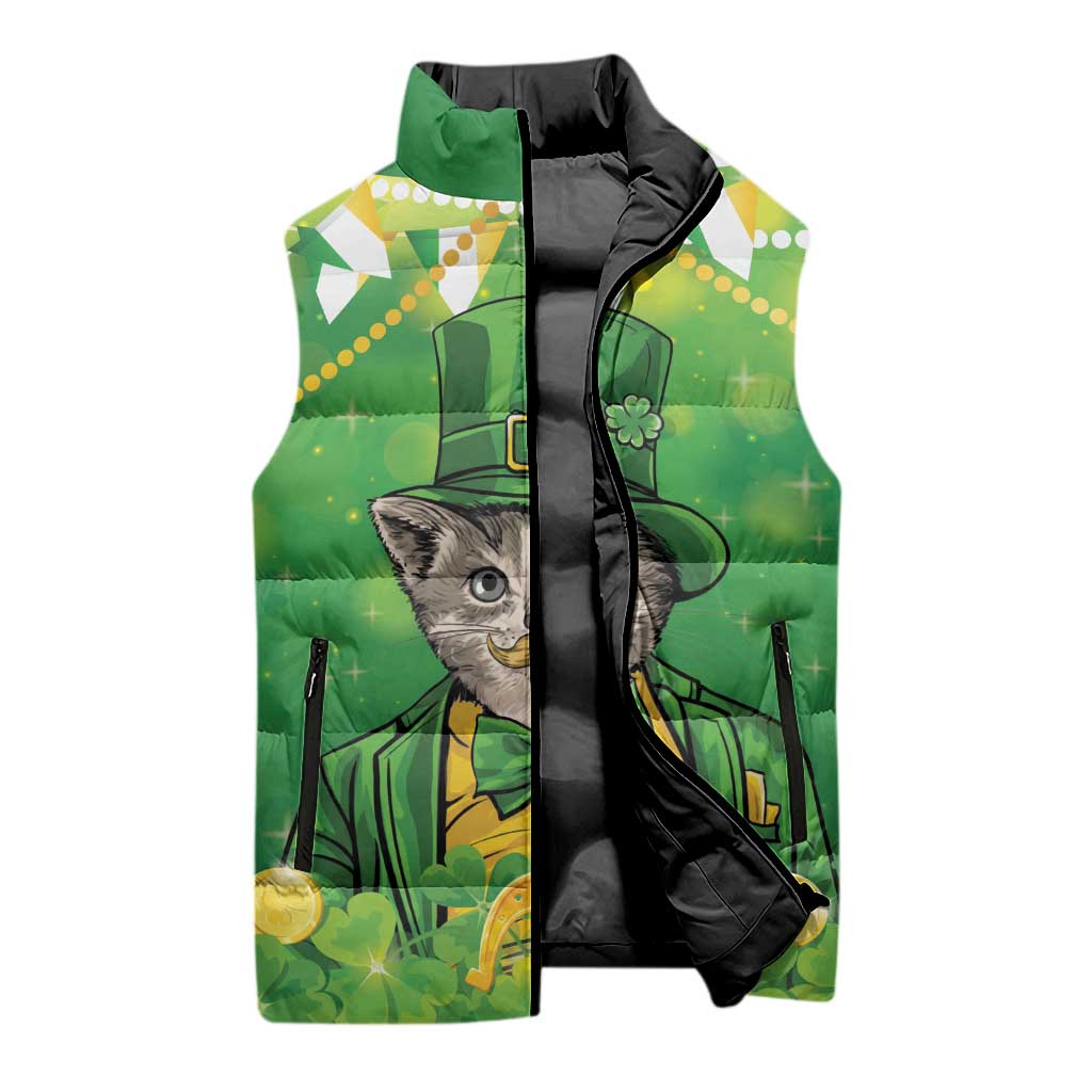 Funny Cat St Patrick's Day Sleeveless Puffer Jacket Irish Leprechaun Lucky Cat
