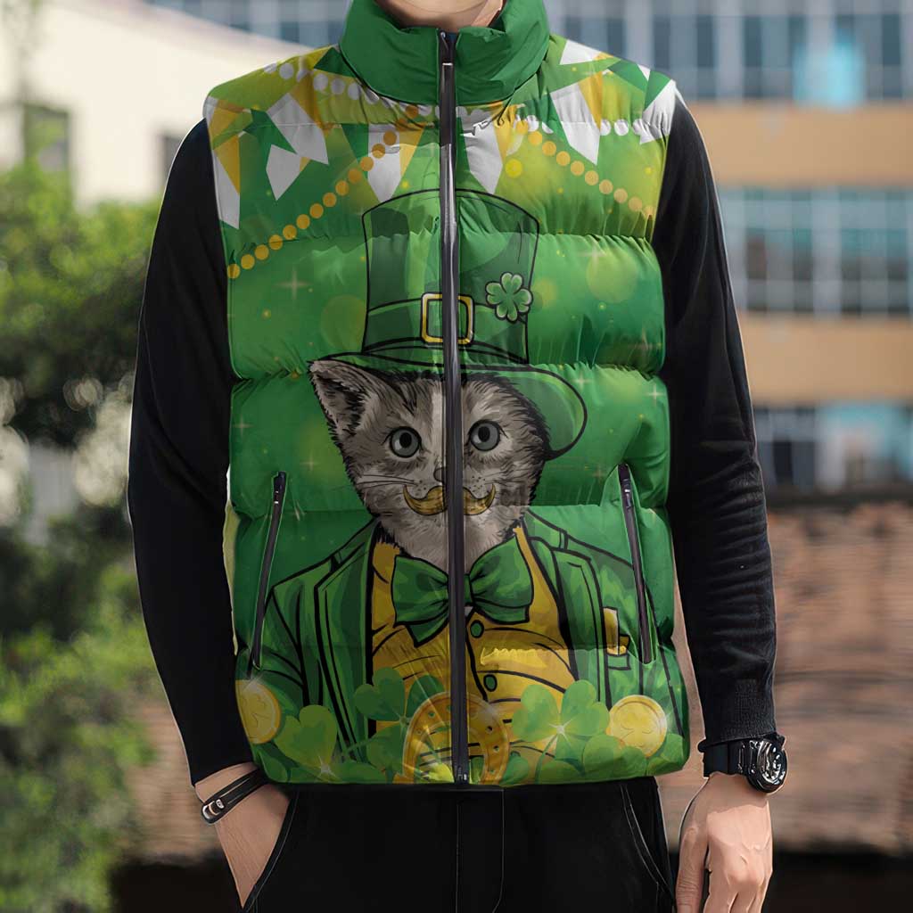 Funny Cat St Patrick's Day Sleeveless Puffer Jacket Irish Leprechaun Lucky Cat