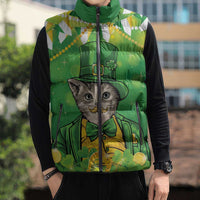 Funny Cat St Patrick's Day Sleeveless Puffer Jacket Irish Leprechaun Lucky Cat