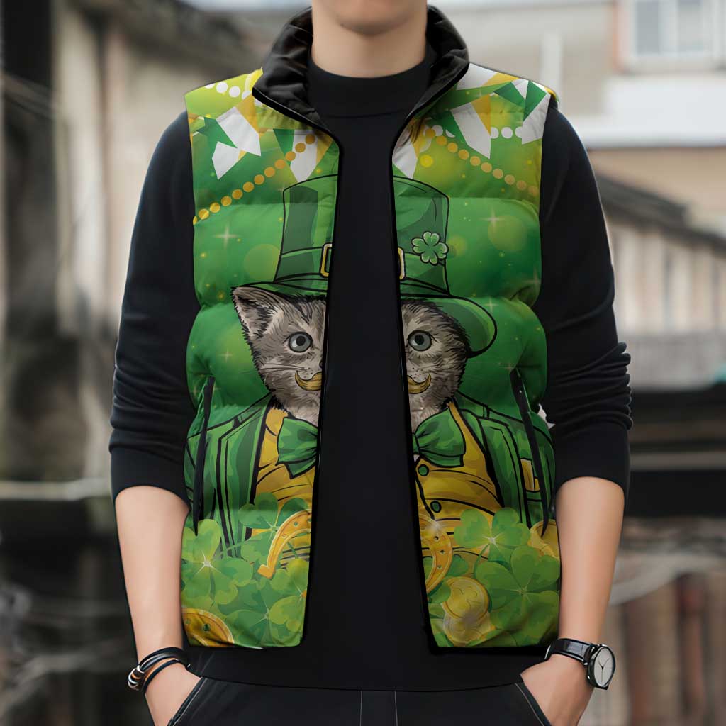 Funny Cat St Patrick's Day Sleeveless Puffer Jacket Irish Leprechaun Lucky Cat