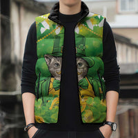 Funny Cat St Patrick's Day Sleeveless Puffer Jacket Irish Leprechaun Lucky Cat