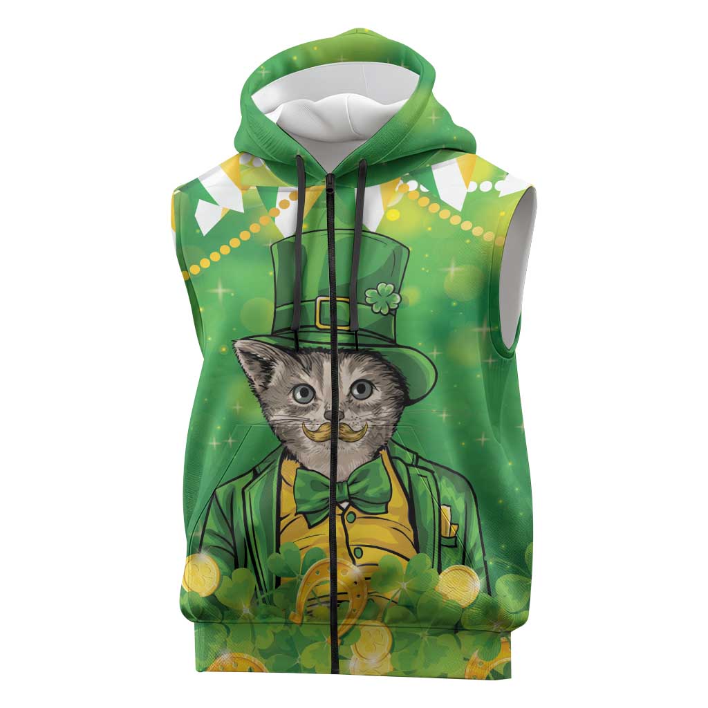 Funny Cat St Patrick's Day Sleeveless Zip Hoodie Irish Leprechaun Lucky Cat