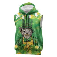 Funny Cat St Patrick's Day Sleeveless Zip Hoodie Irish Leprechaun Lucky Cat