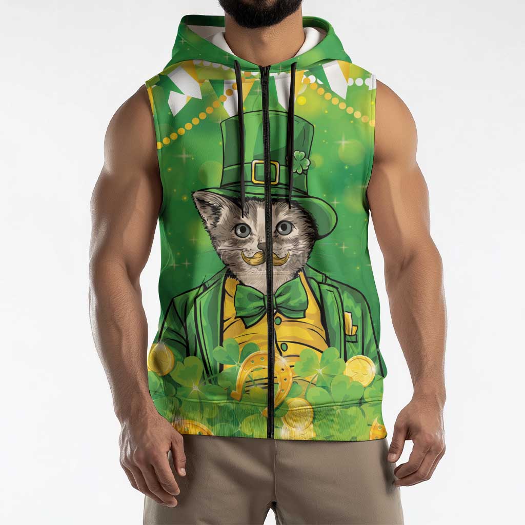 Funny Cat St Patrick's Day Sleeveless Zip Hoodie Irish Leprechaun Lucky Cat