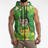 Funny Cat St Patrick's Day Sleeveless Zip Hoodie Irish Leprechaun Lucky Cat