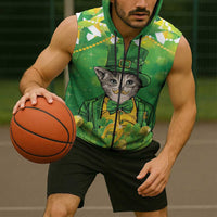Funny Cat St Patrick's Day Sleeveless Zip Hoodie Irish Leprechaun Lucky Cat