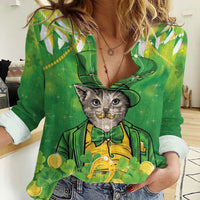 Funny Cat St Patrick's Day Women Casual Shirt Irish Leprechaun Lucky Cat