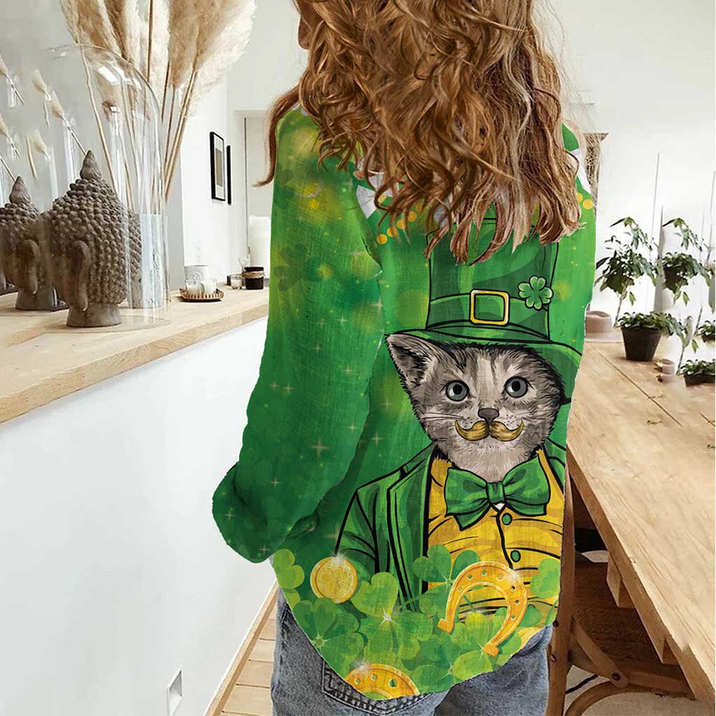 Funny Cat St Patrick's Day Women Casual Shirt Irish Leprechaun Lucky Cat