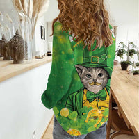 Funny Cat St Patrick's Day Women Casual Shirt Irish Leprechaun Lucky Cat
