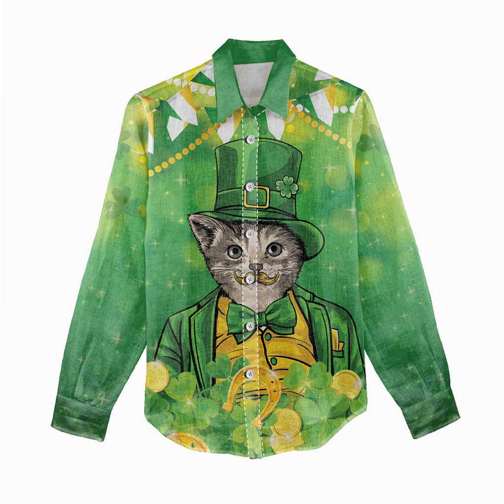 Funny Cat St Patrick's Day Women Casual Shirt Irish Leprechaun Lucky Cat