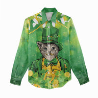 Funny Cat St Patrick's Day Women Casual Shirt Irish Leprechaun Lucky Cat