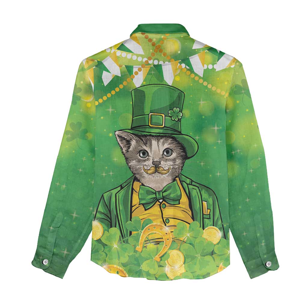 Funny Cat St Patrick's Day Women Casual Shirt Irish Leprechaun Lucky Cat