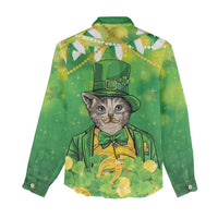 Funny Cat St Patrick's Day Women Casual Shirt Irish Leprechaun Lucky Cat