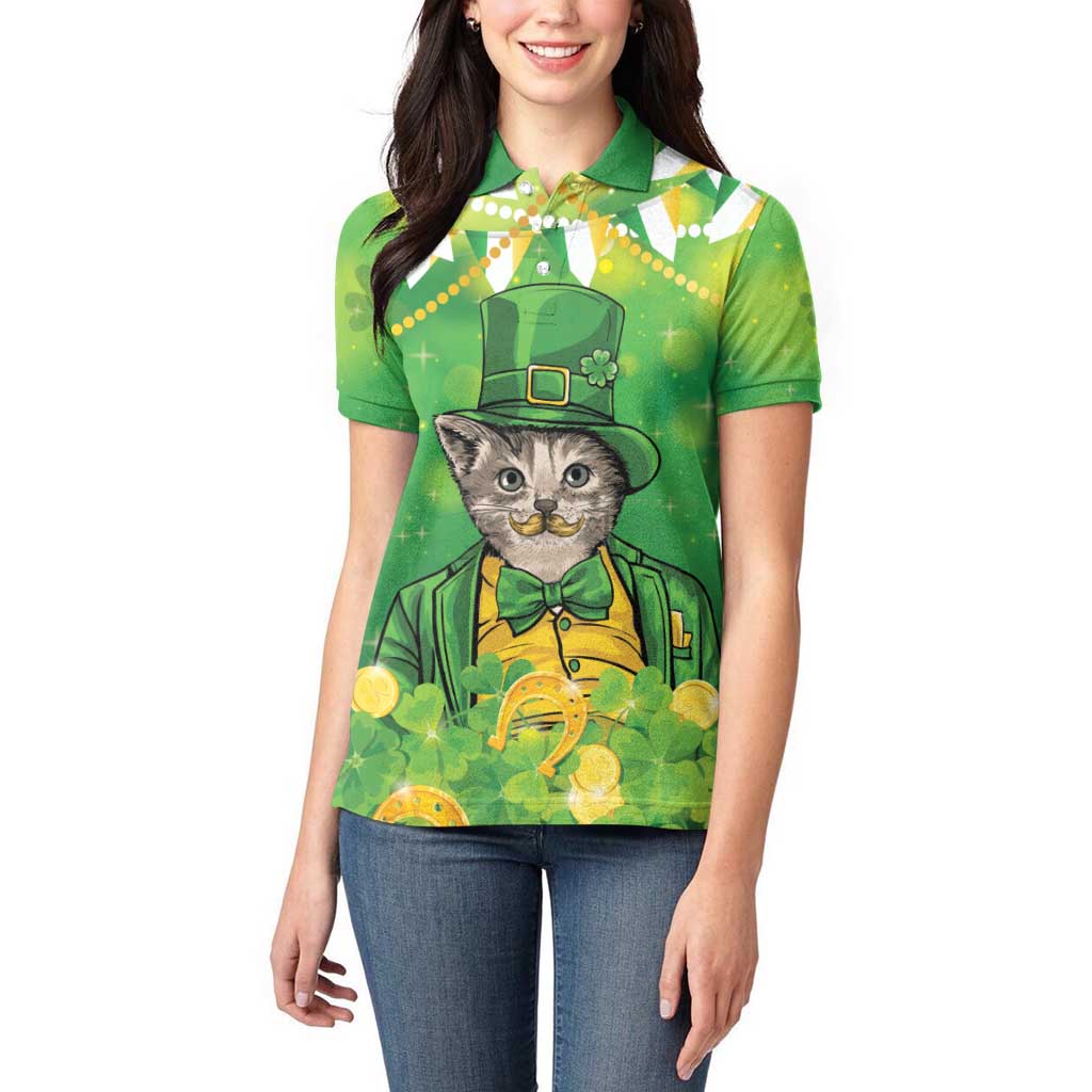 Funny Cat St Patrick's Day Women Polo Shirt Irish Leprechaun Lucky Cat