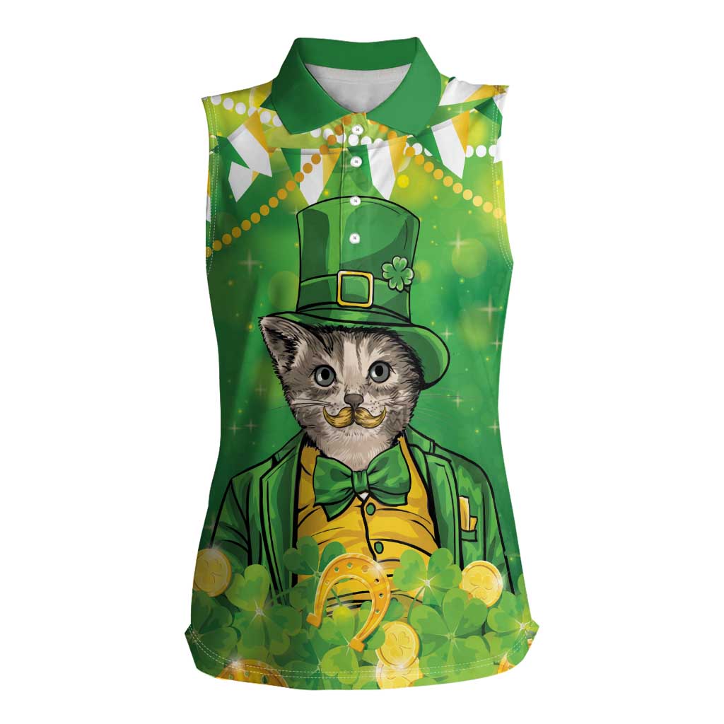 Funny Cat St Patrick's Day Women Sleeveless Polo Shirt Irish Leprechaun Lucky Cat