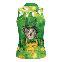 Funny Cat St Patrick's Day Women Sleeveless Polo Shirt Irish Leprechaun Lucky Cat