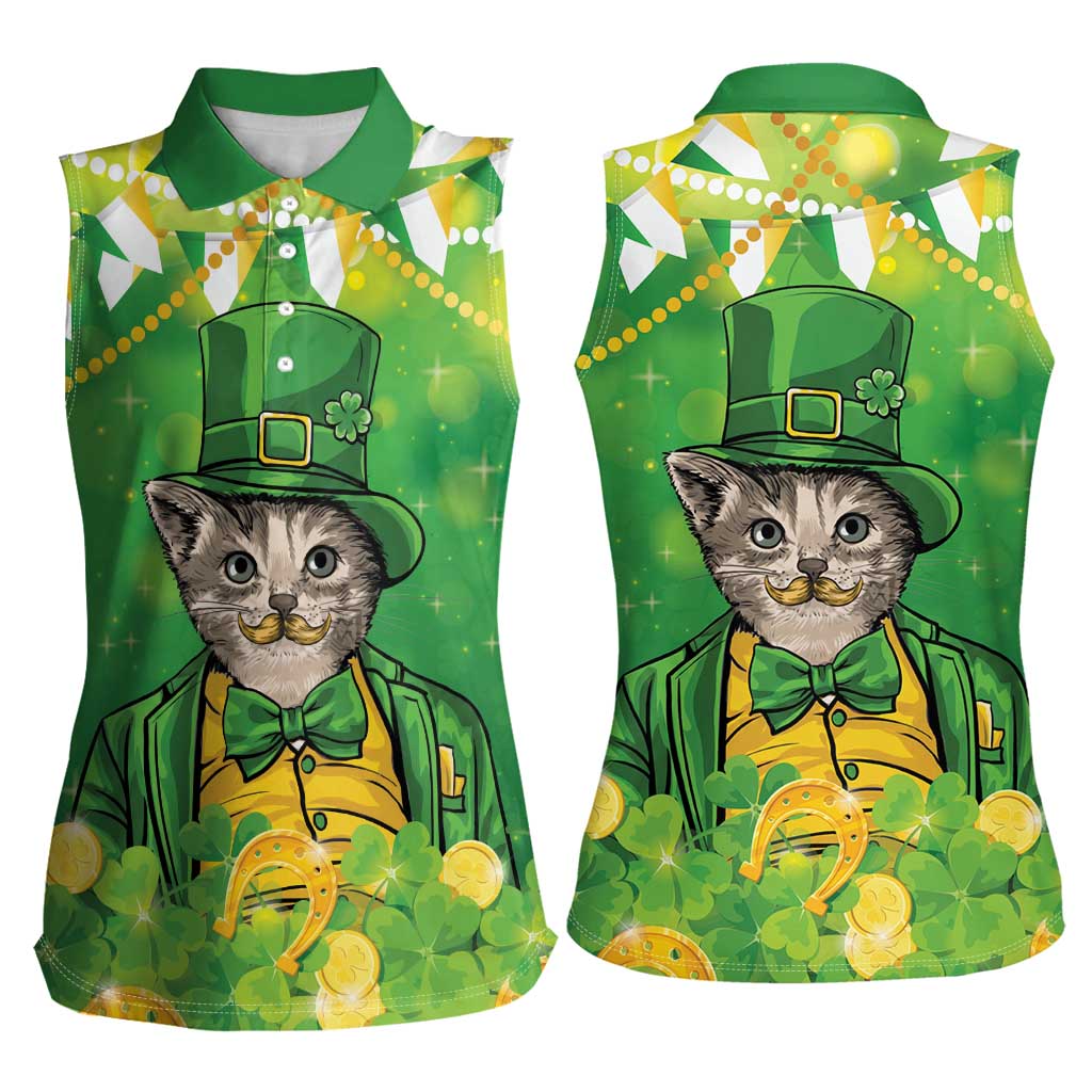 Funny Cat St Patrick's Day Women Sleeveless Polo Shirt Irish Leprechaun Lucky Cat