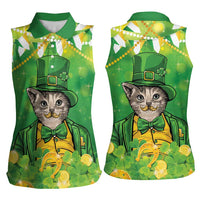 Funny Cat St Patrick's Day Women Sleeveless Polo Shirt Irish Leprechaun Lucky Cat