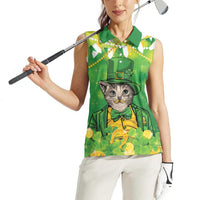 Funny Cat St Patrick's Day Women Sleeveless Polo Shirt Irish Leprechaun Lucky Cat
