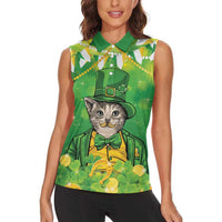 Funny Cat St Patrick's Day Women Sleeveless Polo Shirt Irish Leprechaun Lucky Cat