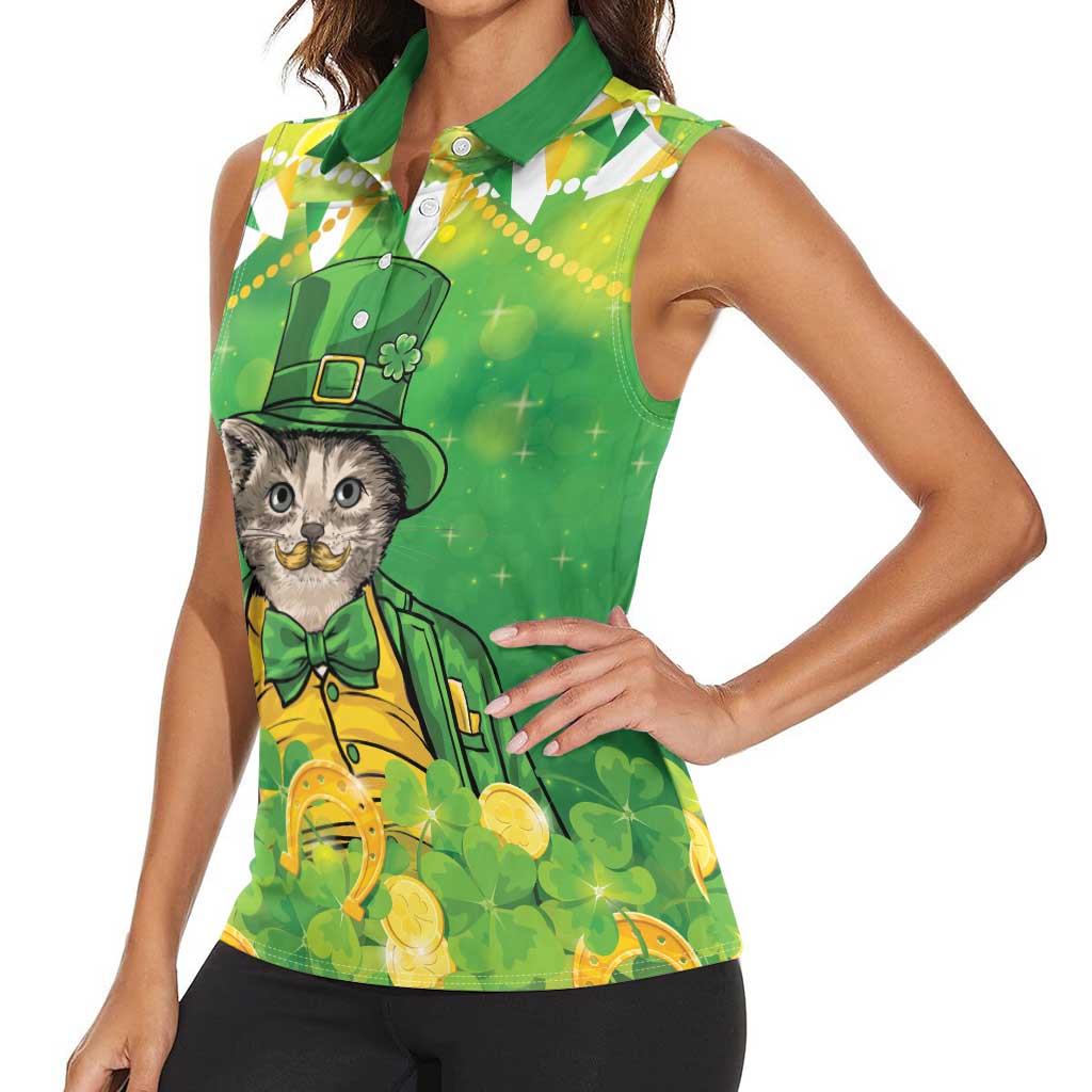 Funny Cat St Patrick's Day Women Sleeveless Polo Shirt Irish Leprechaun Lucky Cat