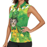 Funny Cat St Patrick's Day Women Sleeveless Polo Shirt Irish Leprechaun Lucky Cat