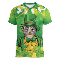 Funny Cat St Patrick's Day Women V-Neck T-Shirt Irish Leprechaun Lucky Cat